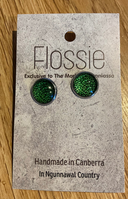 *Earrings Green Animal Print Glass Dome Studs