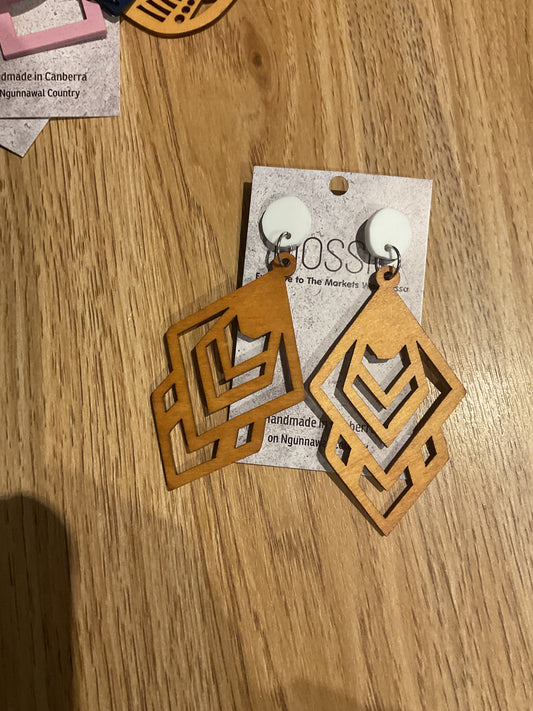 *Earrings Wooden Large Diamond with White Dangles
