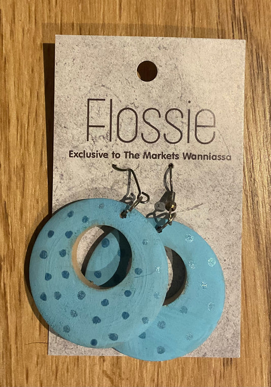 *Earrings Wooden Blue Hoop Spots Dangles