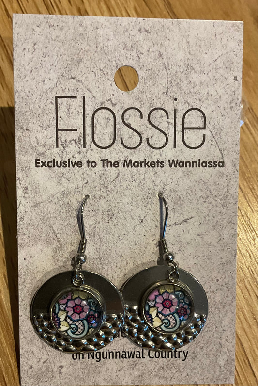 *Earrings Floral Print Glass Dome Silver Dangles