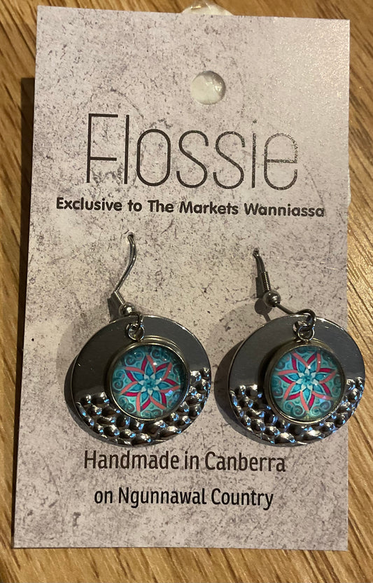 *Earrings Mandala Glass Dome Silver Dangles