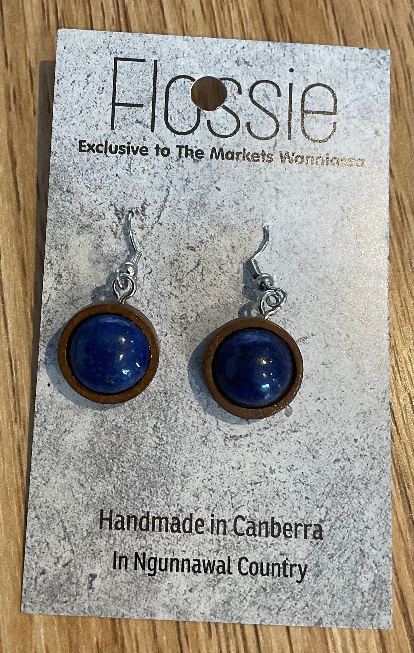 *Earrings Wooden Blue Stone Dome Dangles