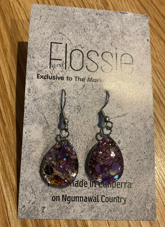 *Earrings Hand Poured Glitter Resin Dangles Purple