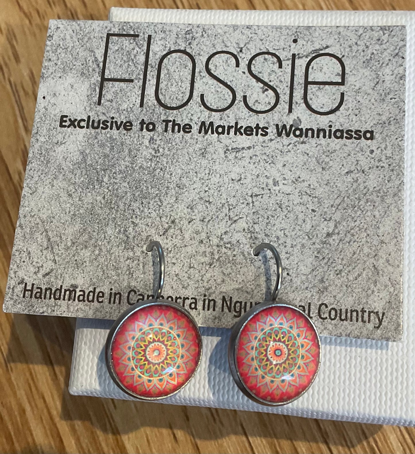 *Earrings Glass Dome Dangles Pink Mandala