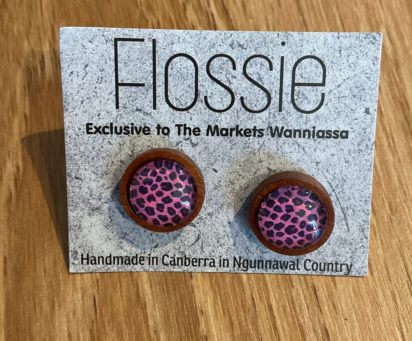 *Earrings Wooden Pink Animal Print Dome Studs