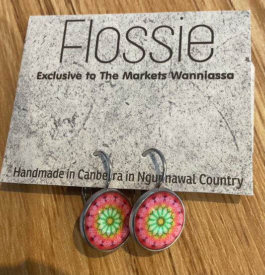 *Earrings Glass Dome Dangles Pink Mandala