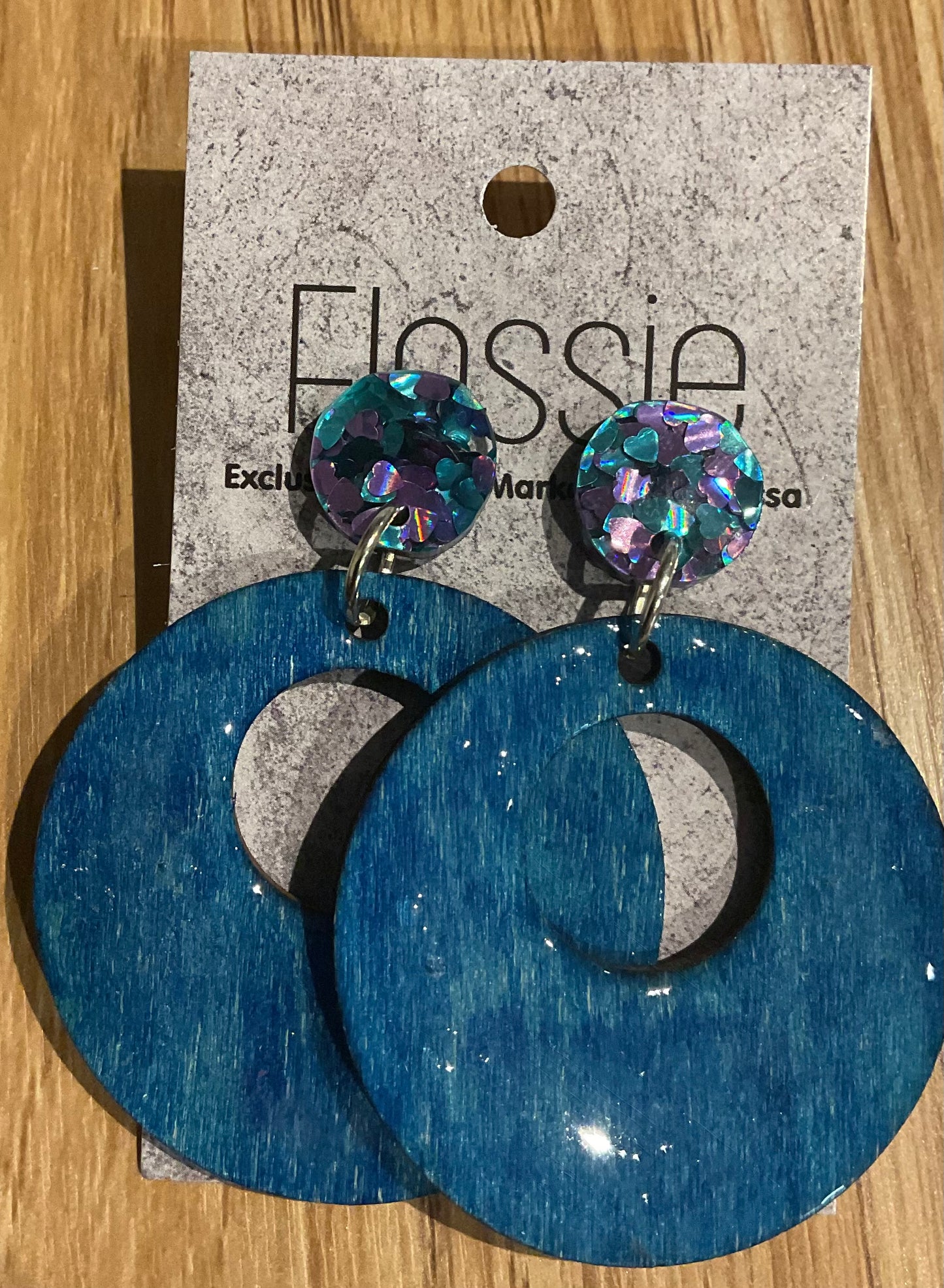 *Earrings Hand Painted Blue Hoop Resin Dangles