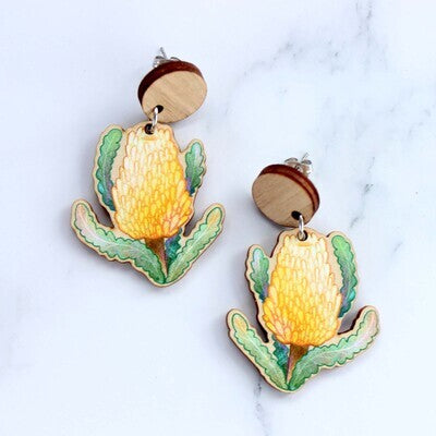 Wooden Yellow Banksia Statement Earrings