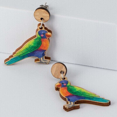 Wooden Rainbow Lorikeet Statement Earrings