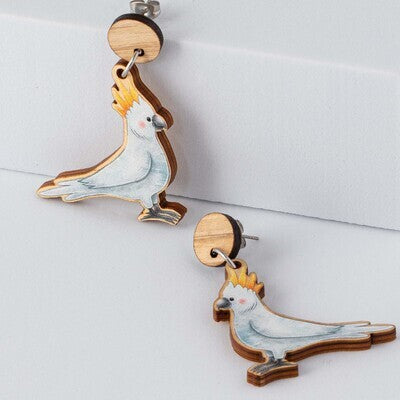 Wooden Cockatoo Statement Earrings