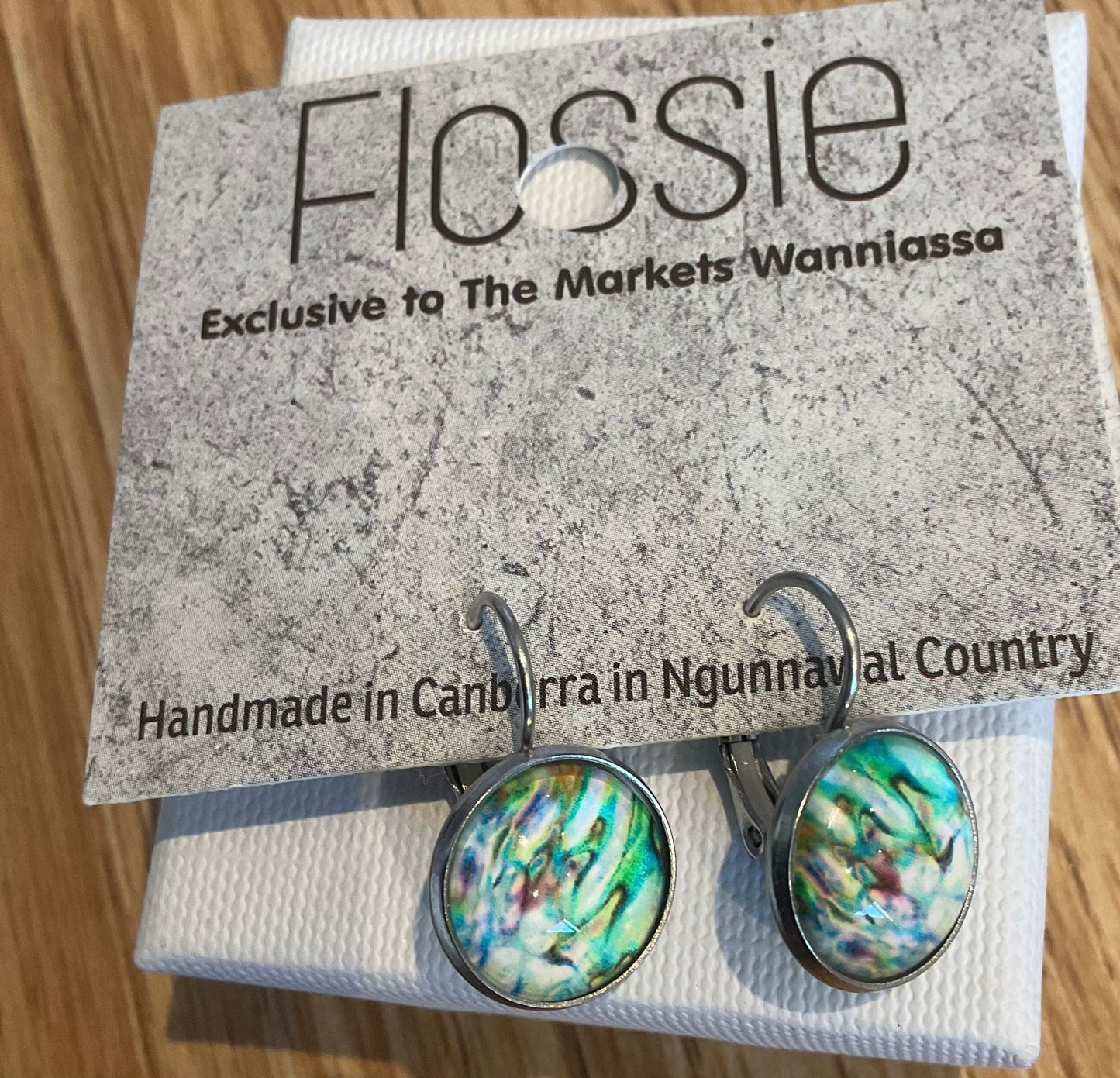 *Earrings Glass Dome Dangles Green Marble