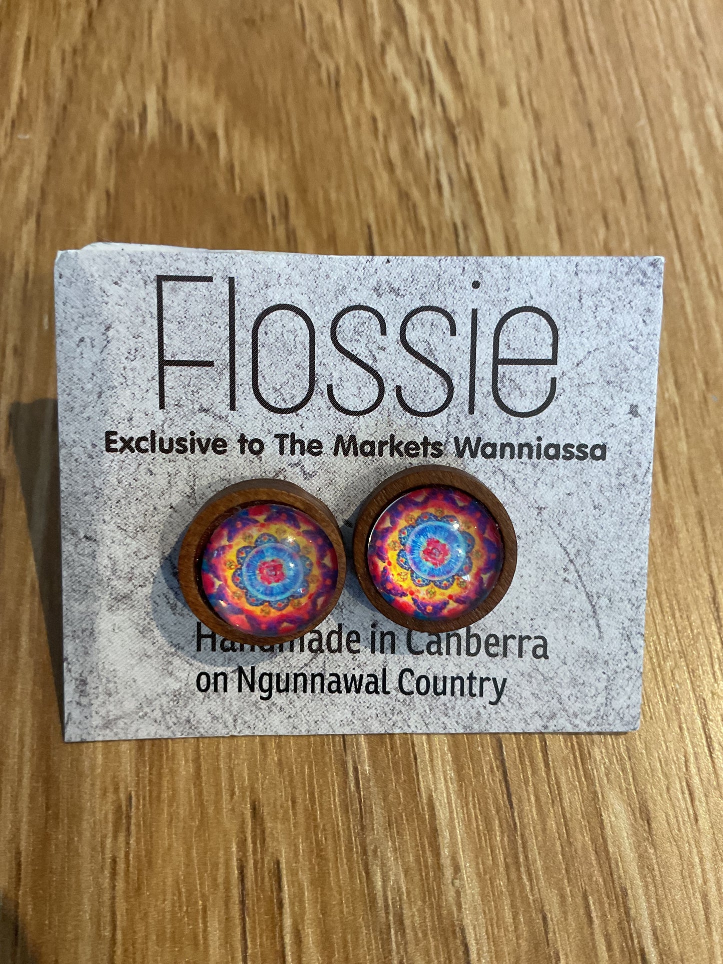 *Earrings Wooden Orange Blue Mandala Dome Studs
