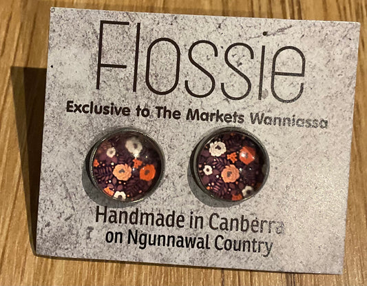 *Earrings Pink Flower Print Glass Studs
