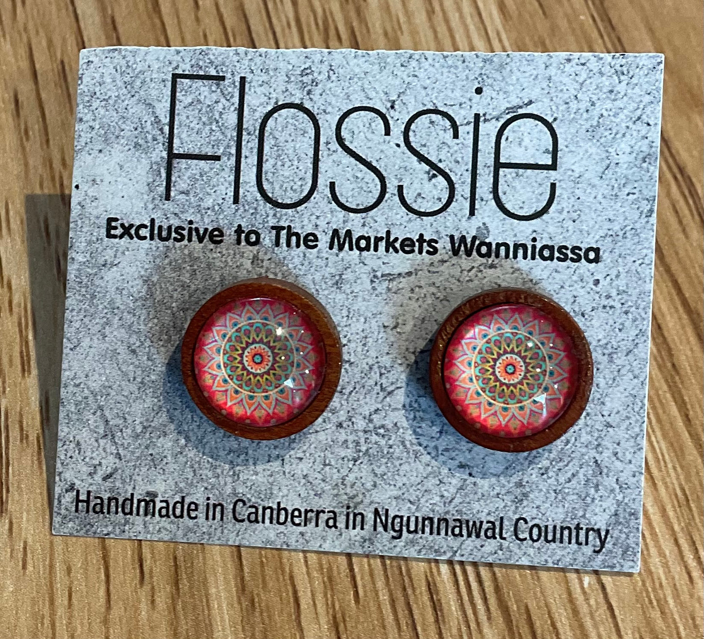 *Earrings Wooden Pink Mandala Dome Studs