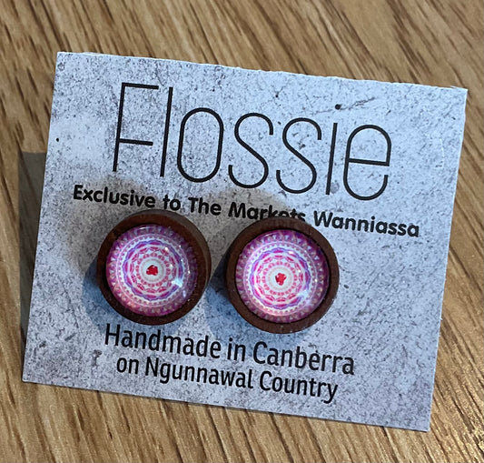 *Earrings Wooden Pink Heart Mandala Dome Studs