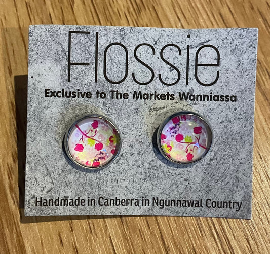 *Earrings Pink Print Glass Dome Studs