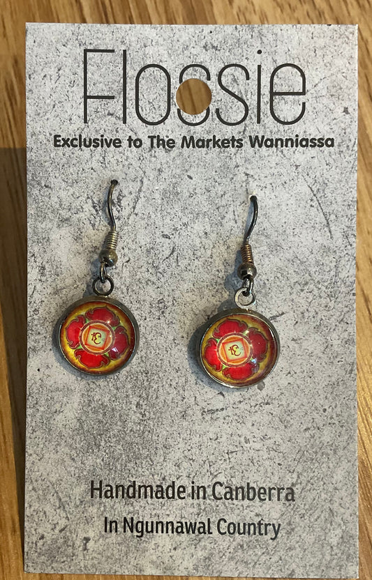 *Earrings Glass Dome Dangles Orange Mandala