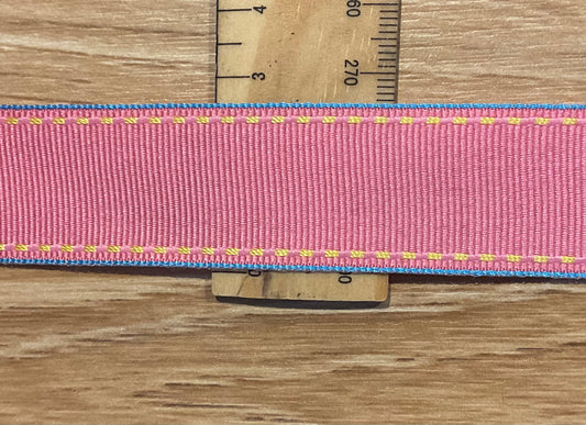 *Ribbon Pink with Yellow Stitching 25mm Per Metre