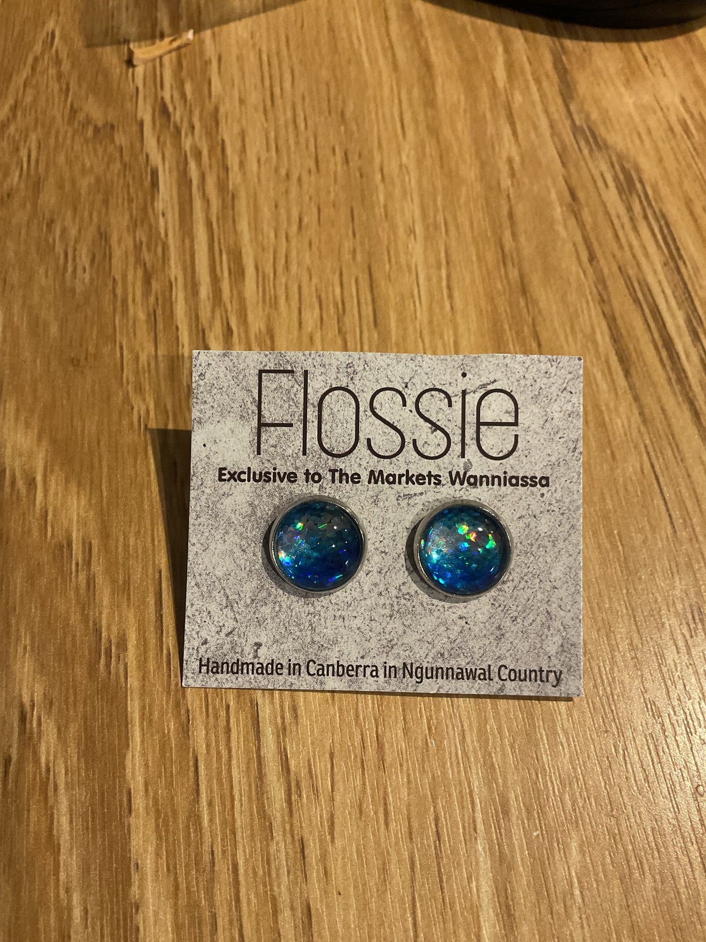 *Earrings Glass Dome Studs Glitter Blue Silver