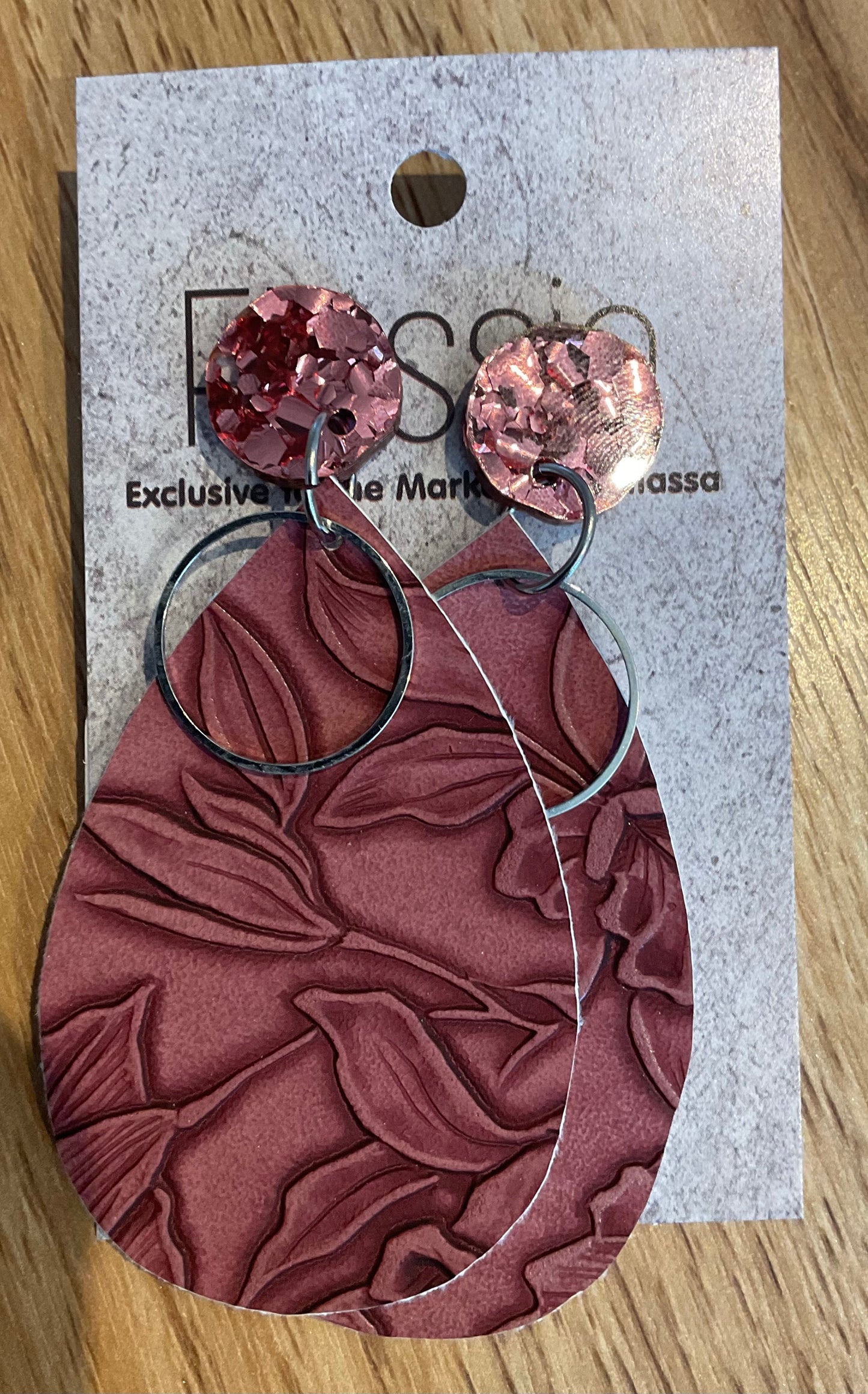 *Earrings Embossed Flowers Maroon Dangles