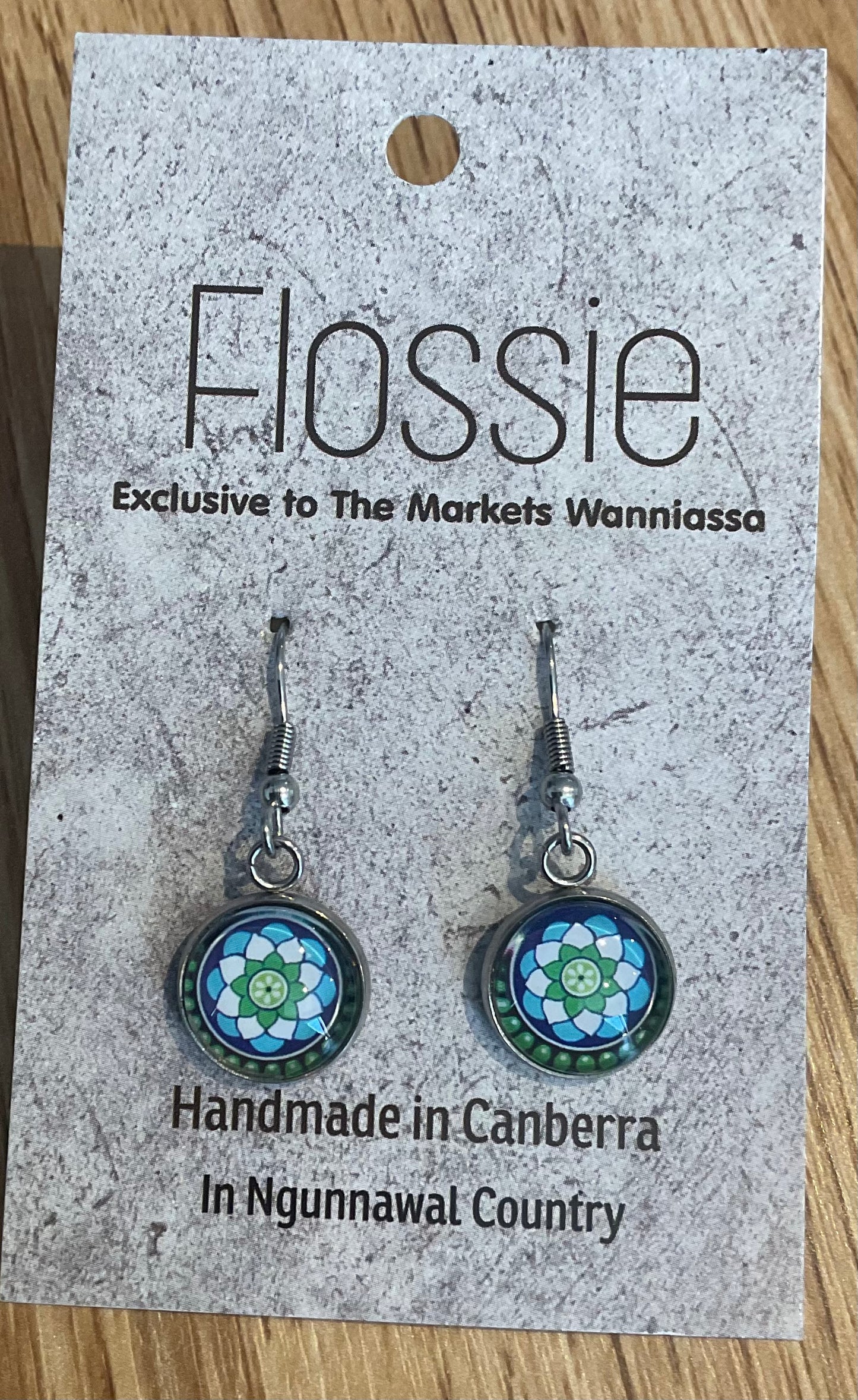*Earrings Glass Dome Dangles Blue Mandala