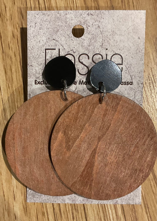 *Earrings 5cm Wooden Round Brown Dangles