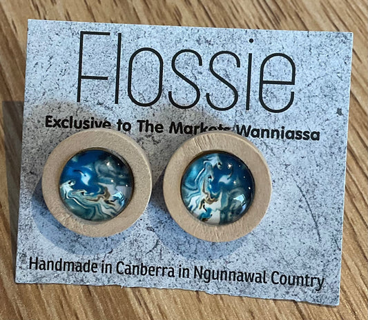 *Earrings Wooden Blue Marble Dome Studs