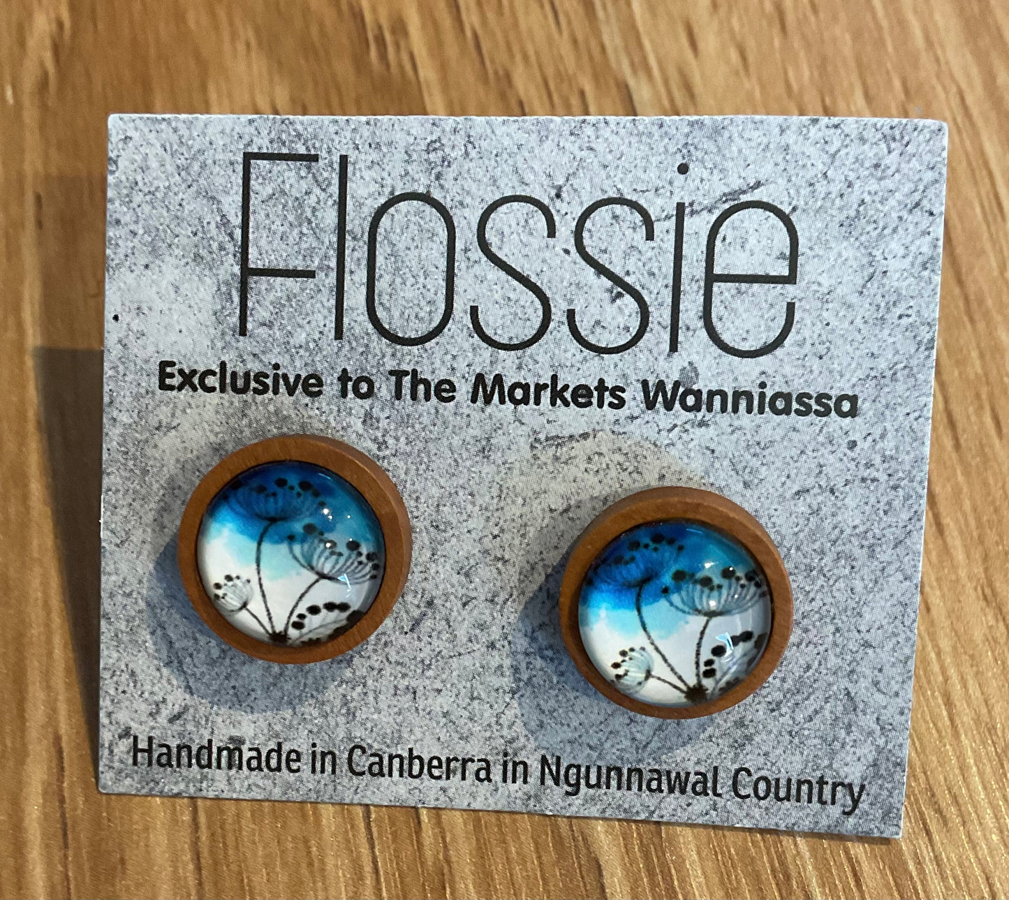 *Earrings Wooden Blue Flower Print Dome Studs