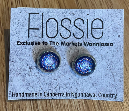 *Earrings Blue Mandala Glass Dome Studs