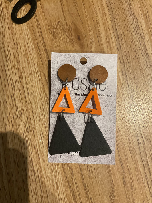 *Earrings Wooden Triangle Orange and Black Dangles