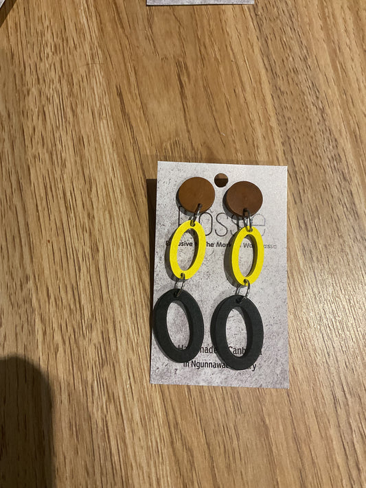*Earrings Wooden Oval Yellow and Black Dangles