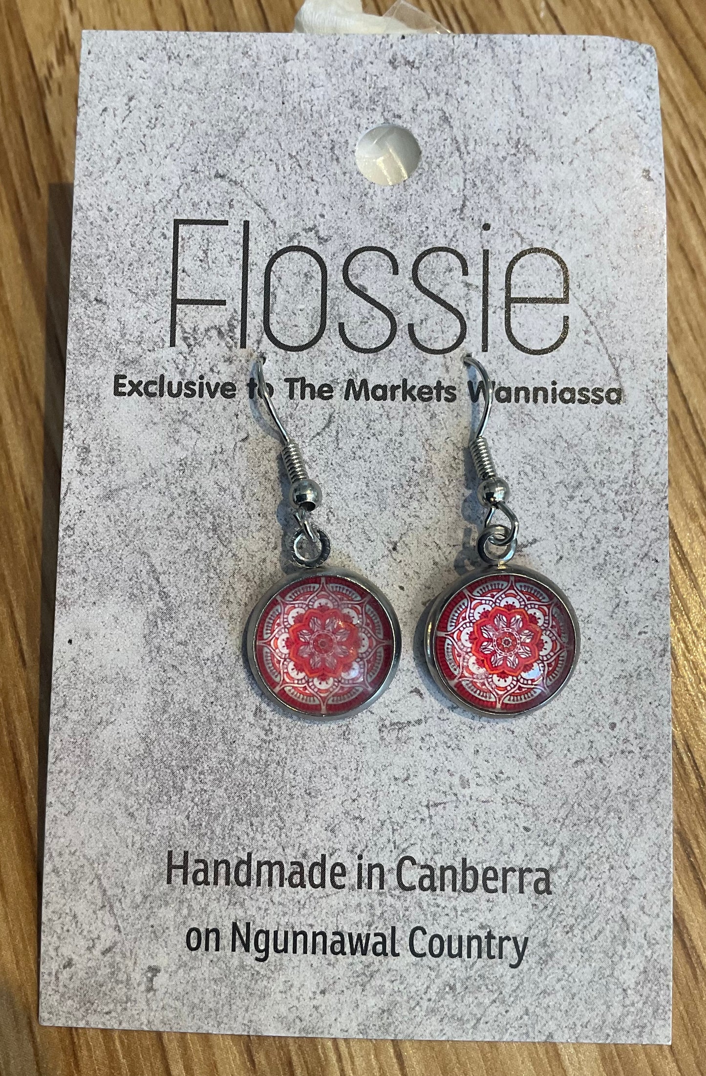 *Earrings Glass Dome Dangles Red Mandala