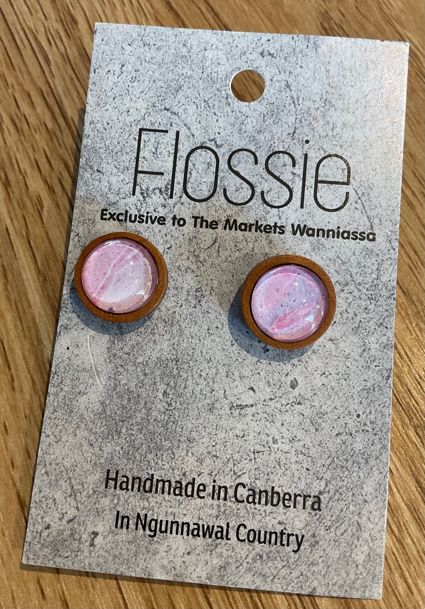 *Earrings Wooden Pink Marble Print Dome Studs