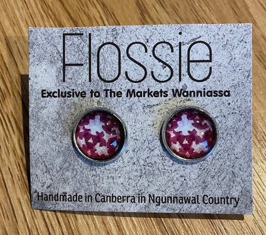 *Earrings Pink White Print Glass Dome Studs