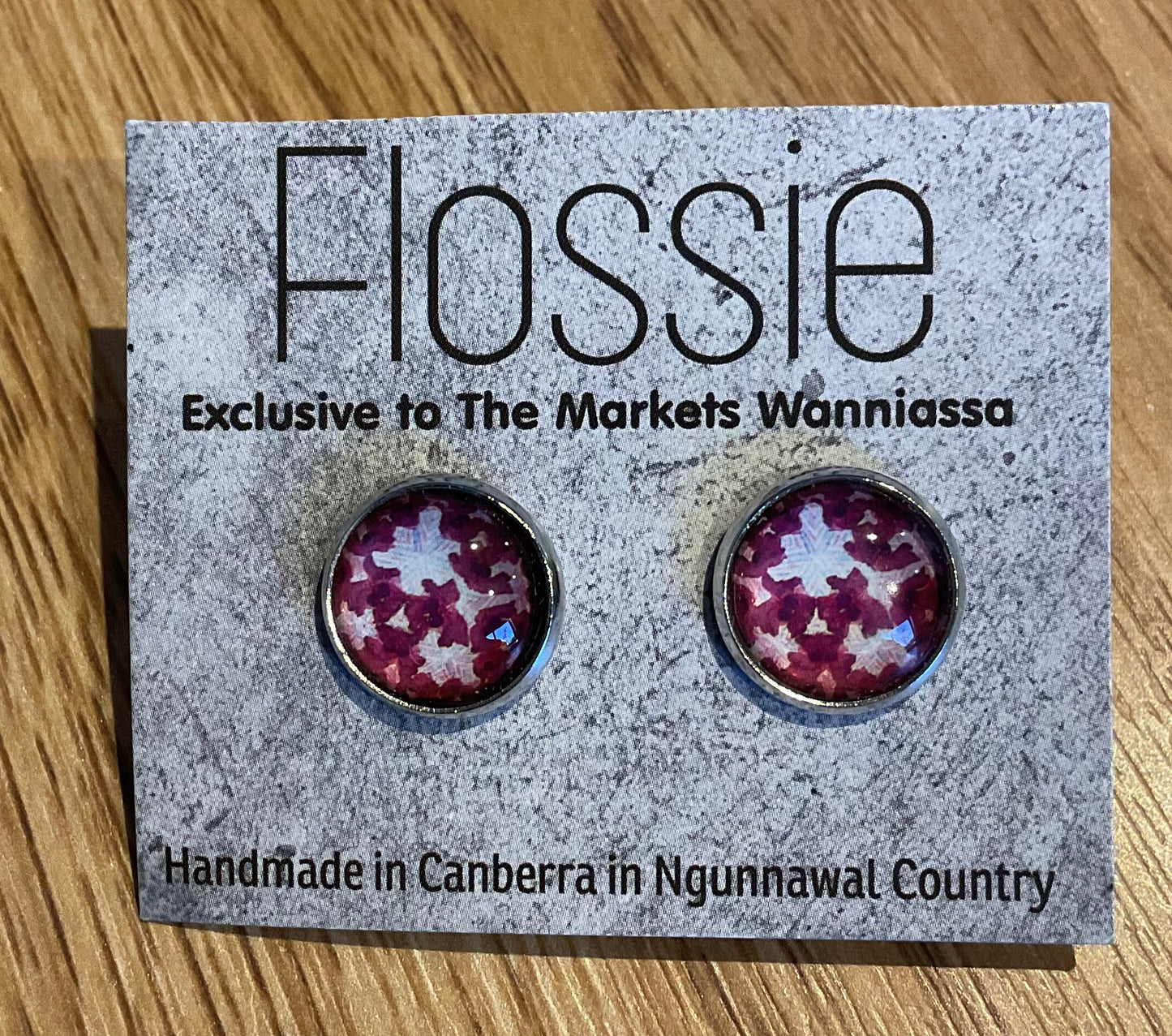 *Earrings Pink White Print Glass Dome Studs