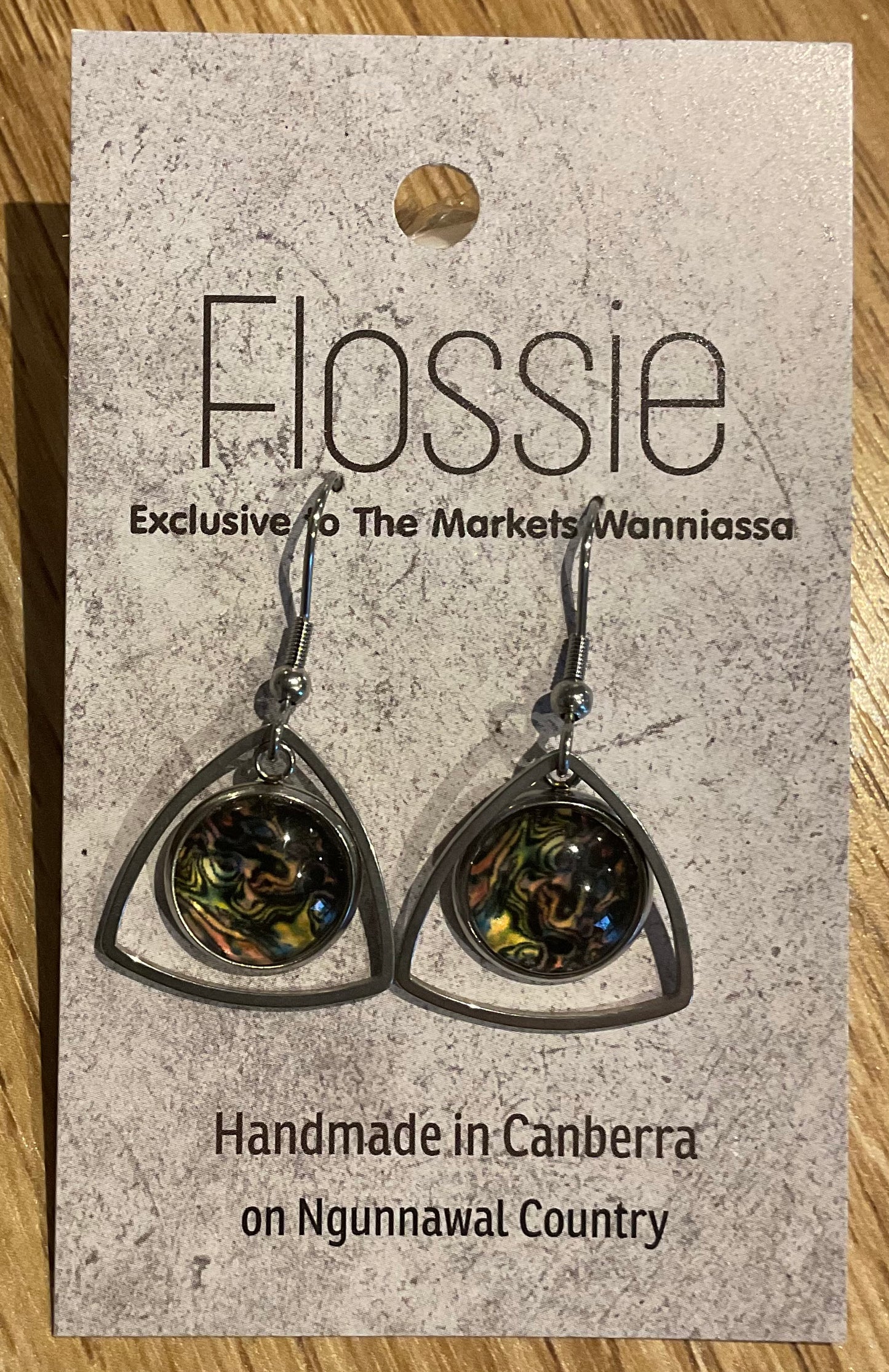 *Earrings Glass Dome Triangle Dangles Gold Swirls