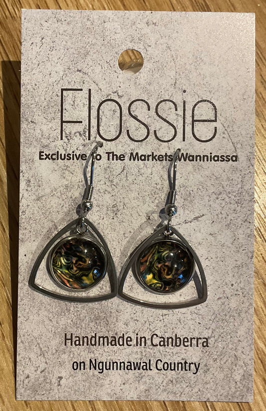 *Earrings Glass Dome Triangle Dangles Gold Swirls