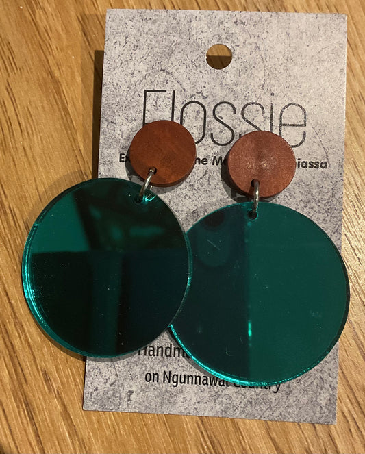 *Earrings 4cm Round Mirror Green Dangles