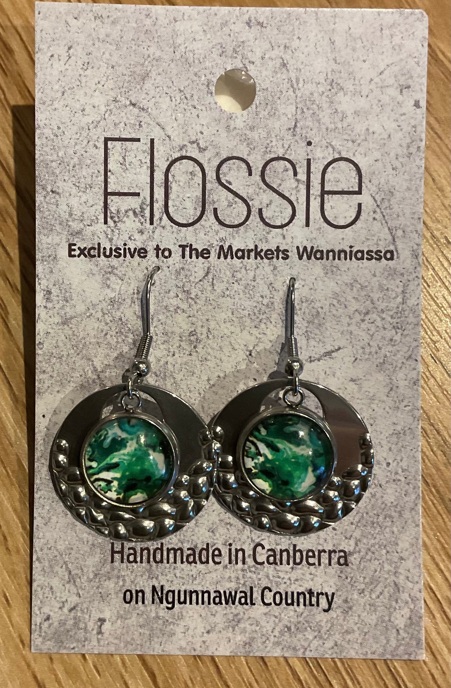 *Earrings Green Ink Print Glass Dome Silver Dangles
