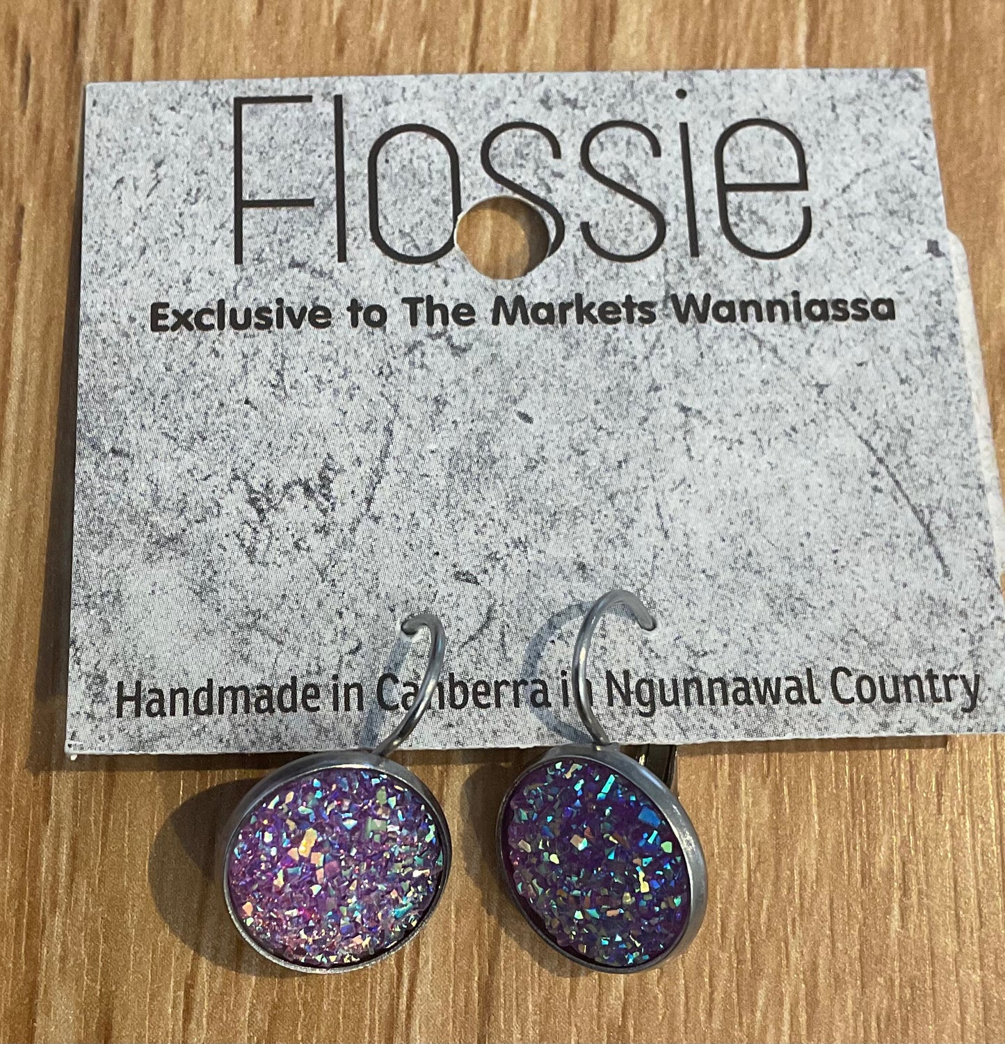 *Earrings Glass Dome Dangles Purple Glitter