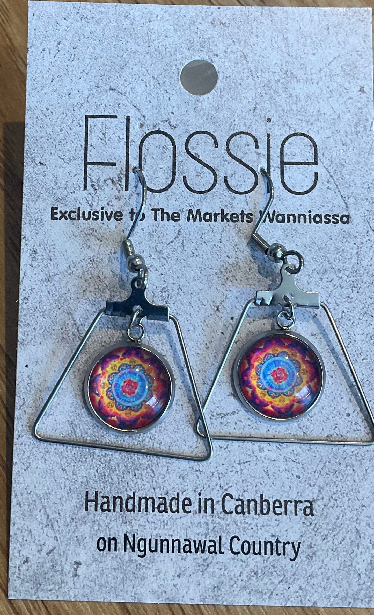 *Earrings Glass Dome Dangles Orange Mandala