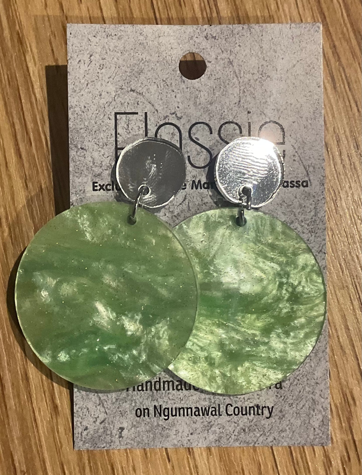 *Earrings 4cm Round Marble Green Dangles