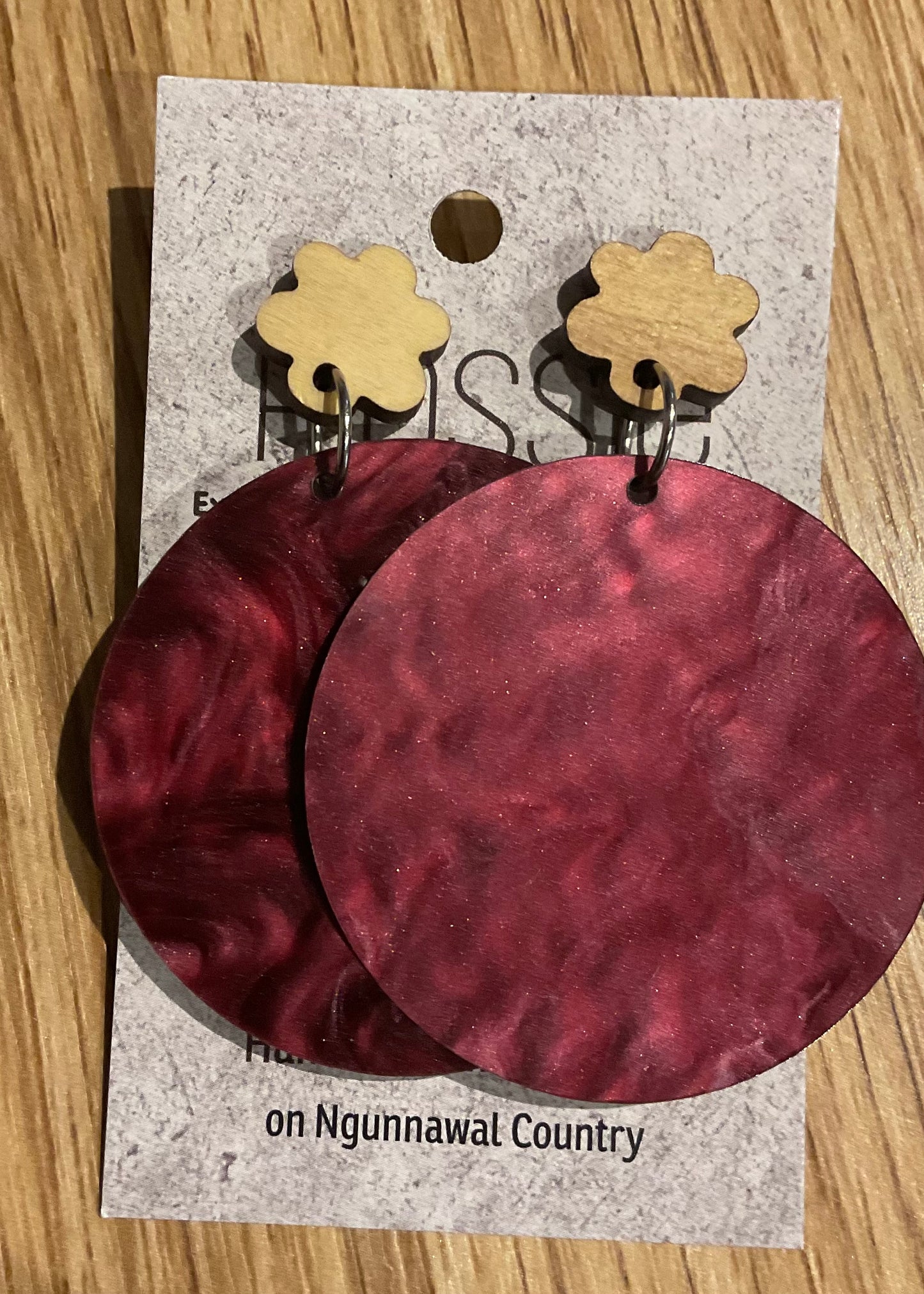 *Earrings 5cm Round Red Marble Dangles