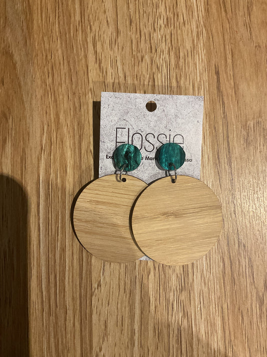 *Earrings Wooden Disc with Emerald Green Dangles