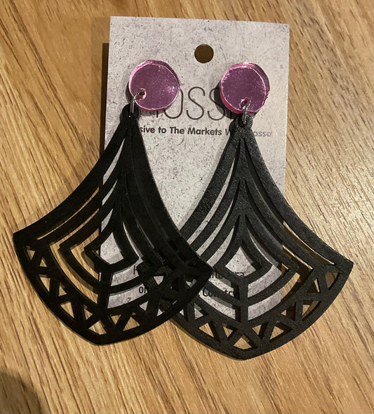 *Earrings Wooden Black Fan Dangles