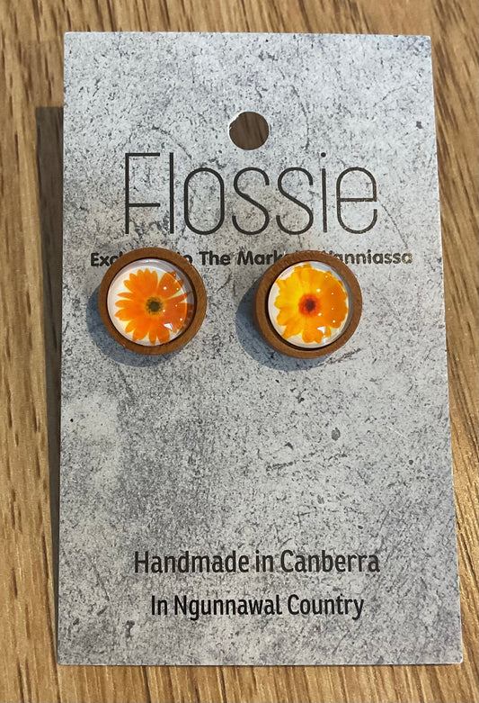 *Earrings Wooden Orange Flowers Dome Studs