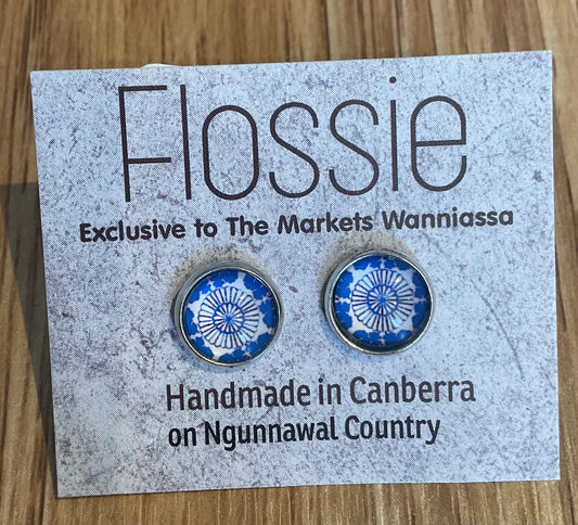 *Earrings Blue Mandala Glass Dome Studs
