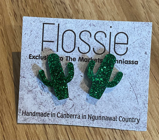 *Earrings Glitter Green Cactus Studs