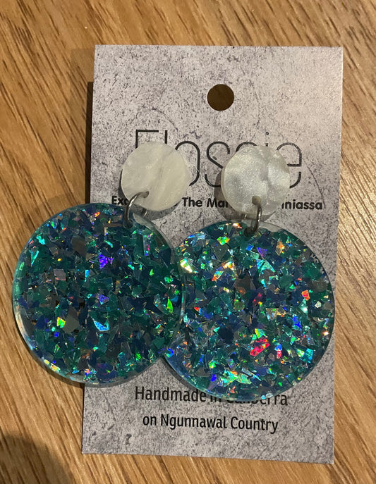 *Earrings 4cm Round Chunky Blue Glitter Dangles