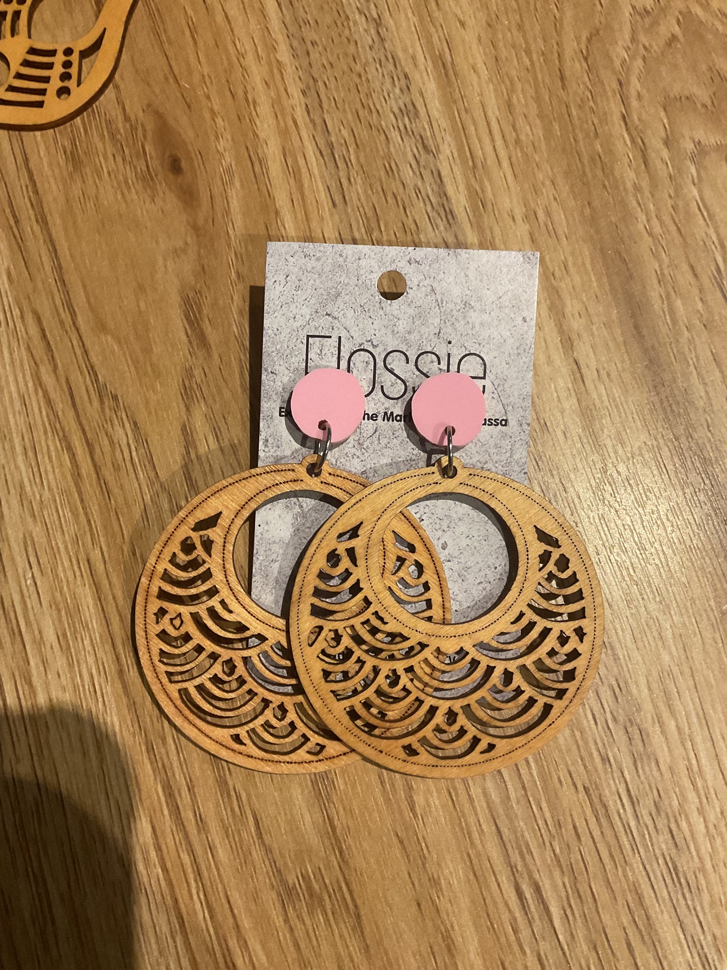 *Earrings Wooden Waves with Pink Dangles